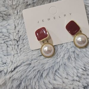 Gold-Tone Pearl Drop Earrings with Burgundy Accent